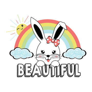 beautiful bunny on a beautiful cloud and rainbow background