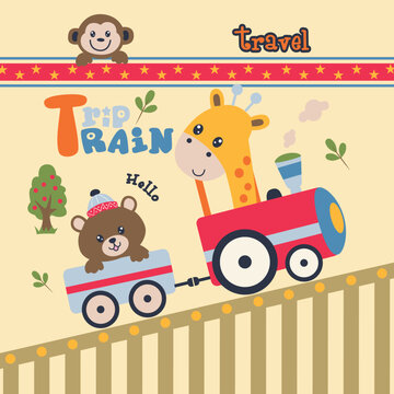 cute animals with traveling by train vector
