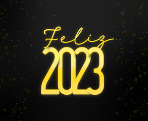 Feliz 2023 dourado estilo 3d realista em vetor com fundo escuro luxuoso e diversas partículas de boas festas e celebrações de fim de ano.