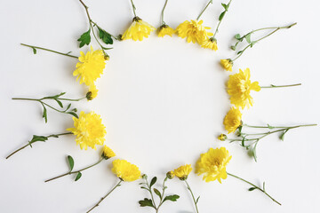 Naklejka na ściany i meble Yellow flowers round frame on white background, chrysanthemum floral wreath, copy space