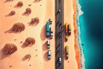 Top View To Cars On Road In Desert Or Sea Beach