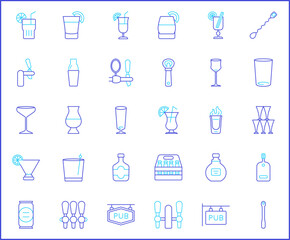 Simple Set of bar Related Vector Line Icons.
Vector collection of alcohol, pub, drink, cocktail, bar glass, bottle, beer, beverage, liquor and design elements symbols or logo elements in thin outline.