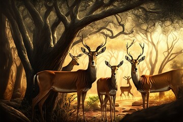 Impala Group In Forest At Daytime Scene With Many Trees