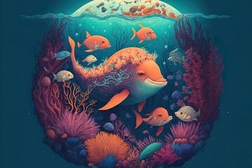 Fototapeta na wymiar Underwater Ocean Life With Cute Sea Animals And Marine Plants