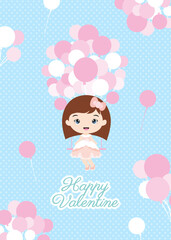 Valentine card with cute girl and pink balloons