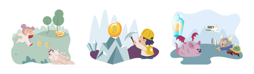 Play to earn games created on basis of blockchain project with elements of NFT, main purpose of earning. Player earn money by playing. Virtual character development business. Cryptocurrency game.