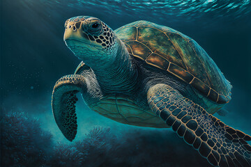 Sea turtle swimming in the Ocean, Digital Illustration, Concept Art