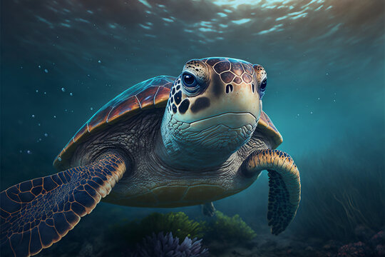 Sea turtle swimming in the Ocean, Digital Illustration, Concept Art, Generative AI