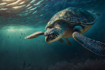 Obraz premium Sea turtle swimming in the Ocean, Digital Illustration, Concept Art