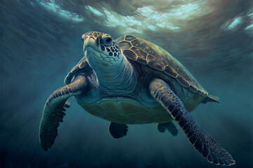 Fototapeta premium Sea turtle swimming in the Ocean, Digital Illustration, Concept Art