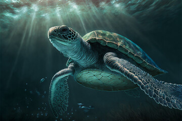 Fototapeta premium Sea turtle swimming in the Ocean, Digital Illustration, Concept Art