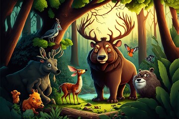 Wild Animal Cartoon Character In The Forest Scene