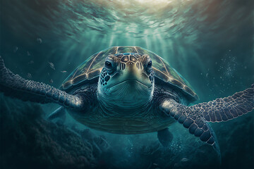 Fototapeta premium Sea turtle swimming in the Ocean, Digital Illustration, Concept Art, Generative AI