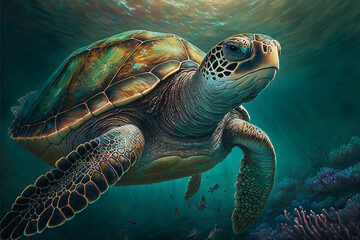 Fototapeta premium Sea turtle swimming in the Ocean, Digital Illustration, Concept Art