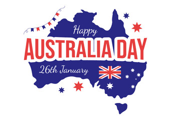 Happy Australia Day Observed Every Year on January 26th with Flags and Map to Diversity of Peoples in Flat Cartoon Hand Drawn Template Illustration