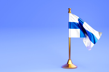 Realistic national flag of  Finland  on steel pole on blue isolated background.  Blank table flag , suitable for design, mockup. 3D illustration.