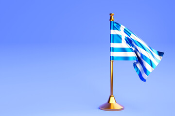 Realistic national flag of Greece. on steel pole on blue isolated background.  Blank table flag , suitable for design, mockup. 3D illustration.