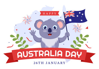 Happy Australia Day Observed Every Year on January 26th with Flags and Koalas in Flat Cartoon Hand Drawn Template Illustration