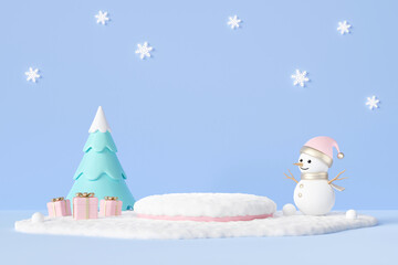 3D rendering snow covered stand with snowman, Christmas tree and gift boxes on white snow patch floor with snowy pastel blue background. Cute Christmas or winter product display scene.