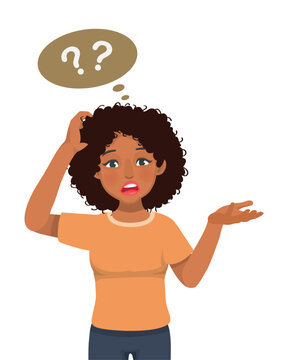 recommend clip art: young African woman feeling confused scratching her head having no idea, clueless, don’t know, puzzled and doubt about the questions raising her hand