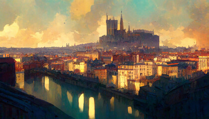Lyon cityscape old buildings with dreamy sky