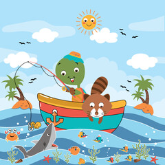the turtle is fishing, cartoon vector illustration