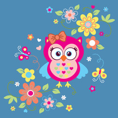 Vector cute owl with beautiful flowers