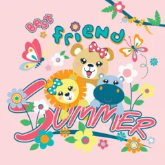 Fotobehang cute animals and friends with summer vector © veank