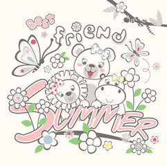 cute animals and friends with summer vector