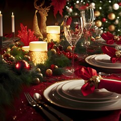 Elegant Christmas dinner table, celebration candle, glasses, plates