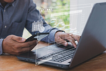 Analyst working with computer in Business Analytics and Data Management System to make report with KPI and metrics connected to database. Corporate strategy for finance, operations, sales, marketing.