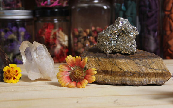 Chakra Stones and Flowers With Dried Herbs in Background Tiger's Eye, Pyrite and Quartz