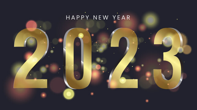 Happy new year 2023 with bokeh light effect on dark background. 3Ds Numbers 2023 in golden color used in banners, poster, print ads design.