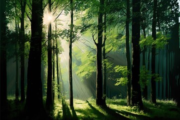 Fototapeta premium Summer Forest Landscape Green Trees In Sun Beam