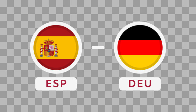 Spain vs Germany Match Design Element. Flags Icons isolated on transparent background. Football Championship Competition Infographics. Announcement, Game Score, Scoreboard Template. Vector