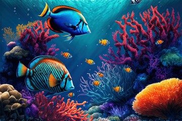 Fototapeta na wymiar Tropical Fishes On Coral Reef Area