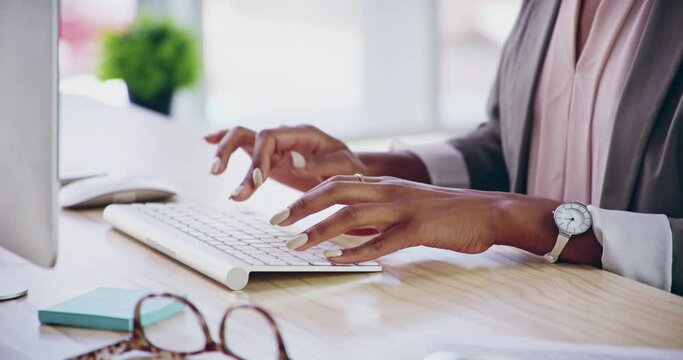 Hands, closeup and woman on a computer in office for email, typing and planning at a desk. Keyboard, hand and internet search for idea, thinking and brainstorm on online project, proposal or strategy