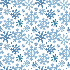 Seamless winter cute pattern with blue snowflakes on white background. Greeting card design, textile, fabric.