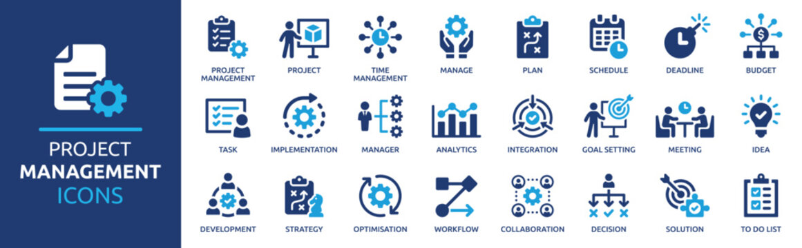 Project management icon collection. Time management and planning concept. Solid icon set.