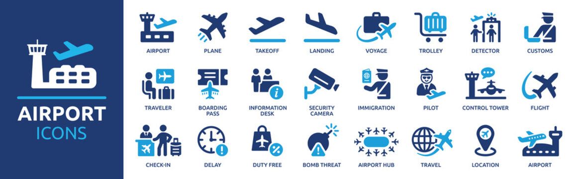Airport icon collection. Containing plane, boarding pass, traveler, duty free, information desk, customs, detector, immigration and pilot icons. Airport icon element solid design.
