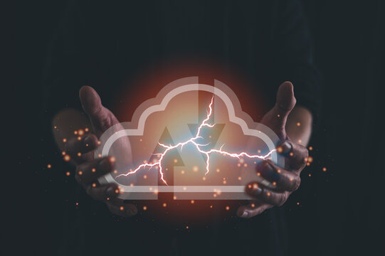 Cloud Computing Technology Internet Storage Network Concept, man hands holding virtual icon cloud