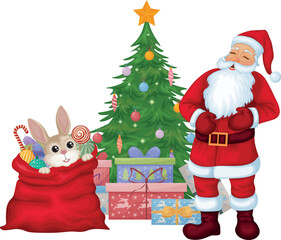 Santa Claus with a rabbit. Laughing Santa Claus looks at a rabbit peeking out of a bag of gifts. Santa Claus and rabbit near the Christmas tree with gifts. Vector illustration