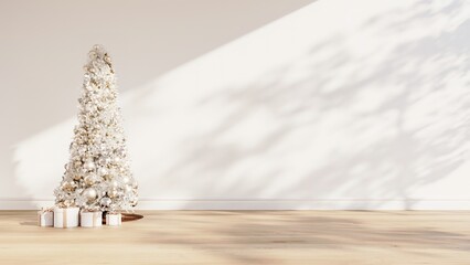 Christmas tree with decoration set in empty room White wall , wooden floor with Dappled sun Light for copy space. 3D Render	
