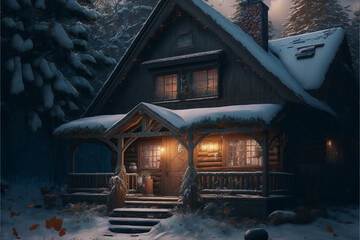 Snowy Lonely Cabin in the Wood, Concept Art, Digital Illustration, Generative AI