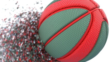Lime green-red Basketball with Rotation Particles under spot lighting white-blue background. 3D illustration. 3D high quality rendering. 