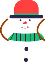 a snowman wearing a green scarf with twig arms and a red hat
