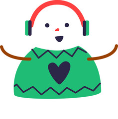 a snowman wearing a green sweater with green twigs equipped with a headset
