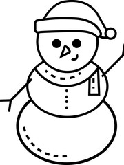 figure of a snowman with hands made of twigs and a Christmas hat and scarf
