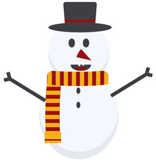 a snowman with stick arms and a red nose, wearing a yellow scarf, and a hat, usually to signify Christmas
