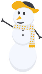 a snowman wearing a yellow scarf and hat with branches made of twigs
